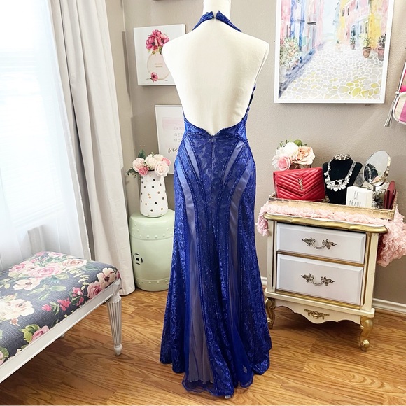 Blue Halter Prom Gown dress size 4 MISSING MANY GEMS - Picture 5 of 14